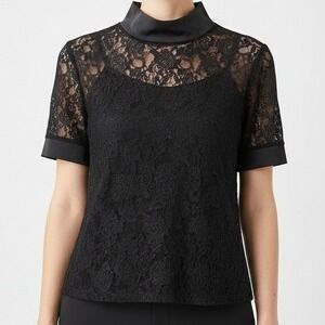 INCERUN Women's Black Floral Lace Mock‎ Neck Short Sleeve Shirt 3XL Goth